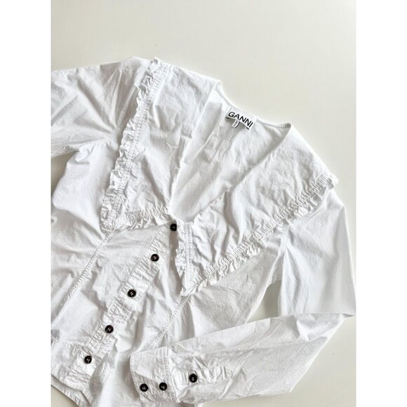 GANNI White Cotton Poplin V-Neck Frill Collar Button Up Shirt Blouse, Size 32/0 - Picture 7 of 16